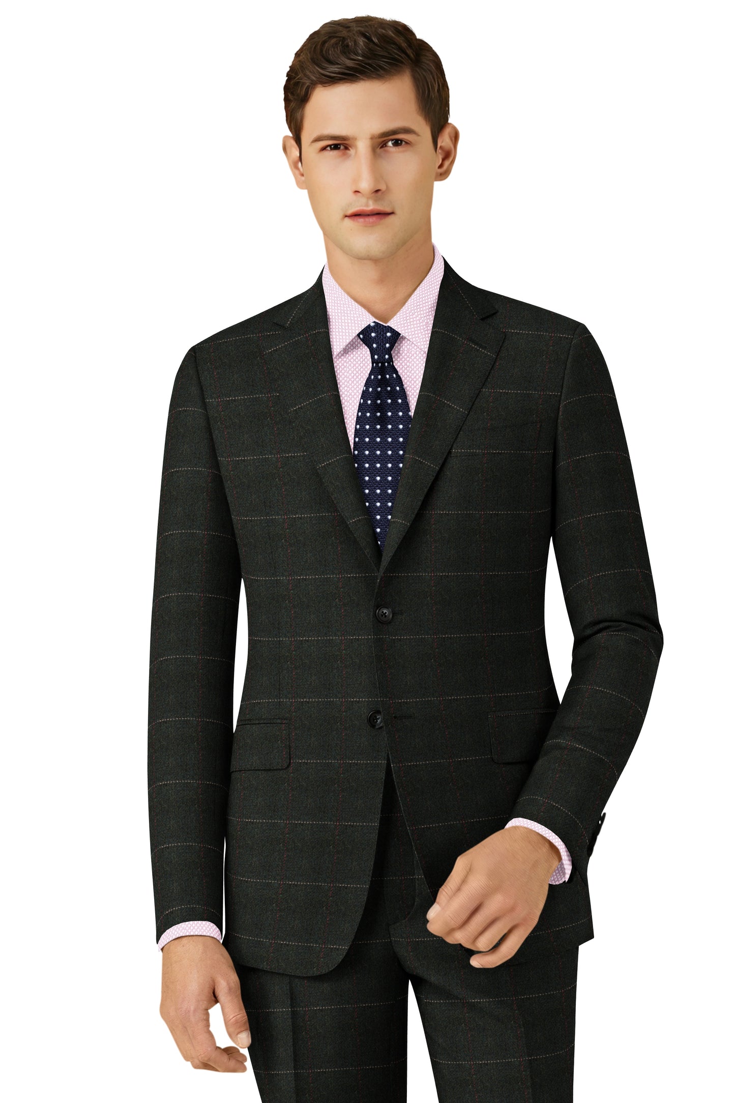 DARK GREEN HERRINGBONE PLAID TWEED