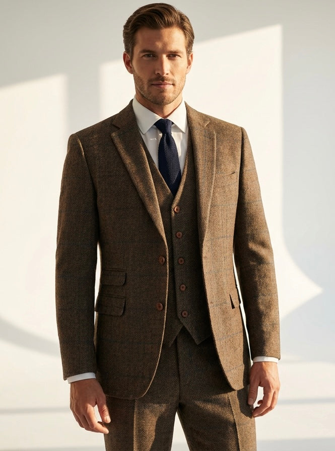 Beige Herringbone Plaid Tweed Suit