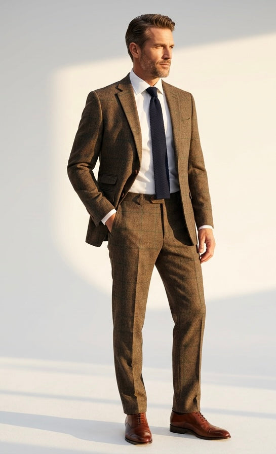 Beige Herringbone Plaid Tweed Suit