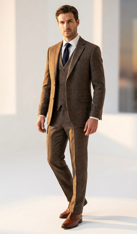 Beige Herringbone Plaid Tweed Suit