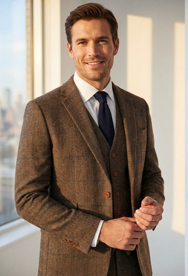 Beige Herringbone Plaid Tweed Suit