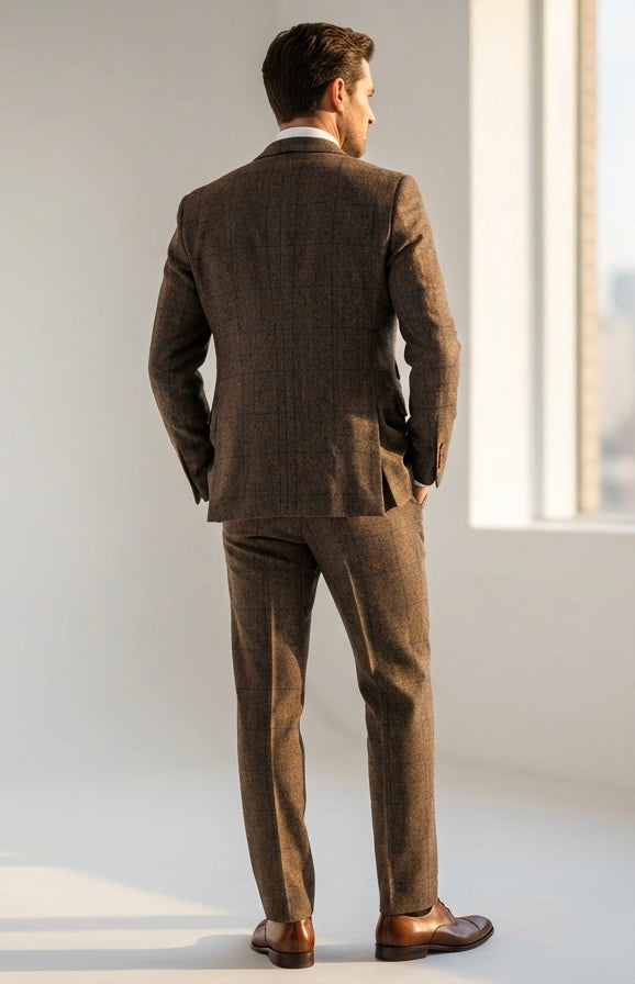 Beige Herringbone Plaid Tweed Suit